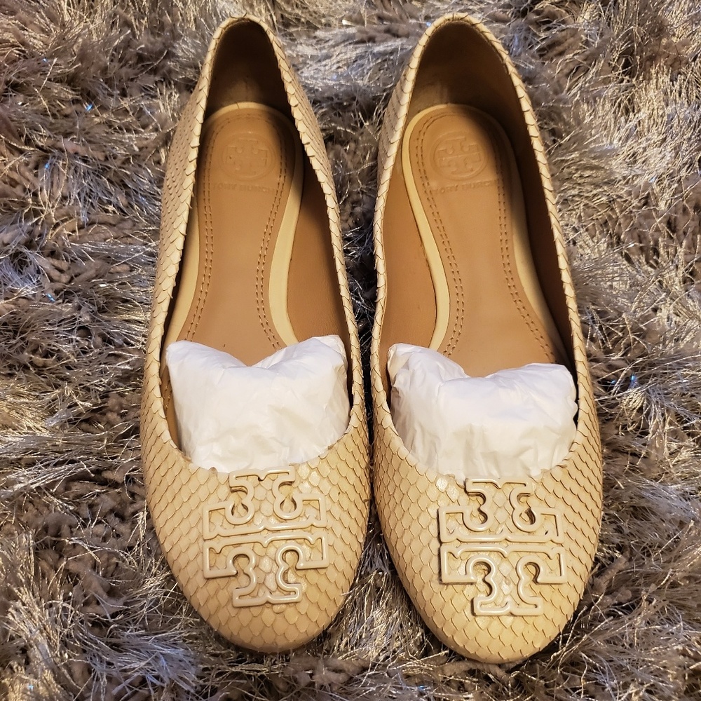 Tory Burch Cream Woven Logo Flats